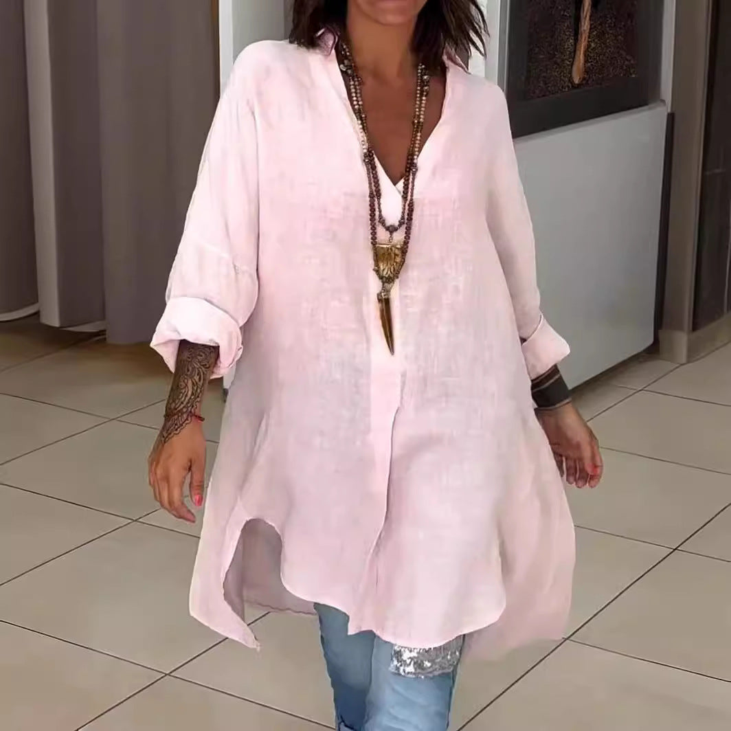 Melis -  Chemise d'été en Coton et Lin avec Décolleté en V